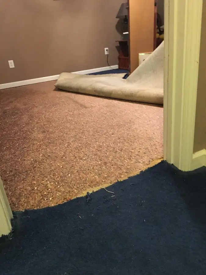 Carpet pad removal revealing water damage during Drying & Dehumidification in Valparaiso